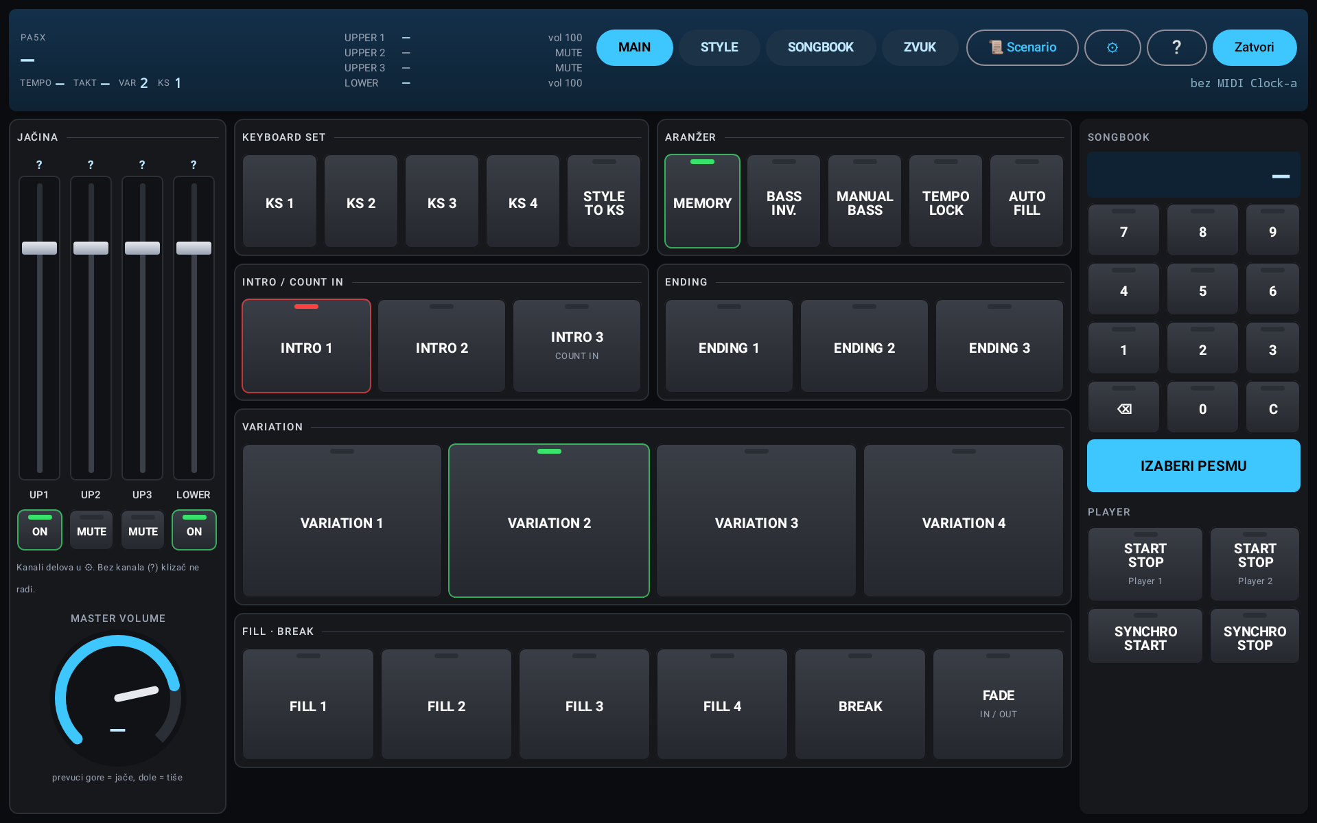 Korg kontrola na tabletu: Keyboard Set, Intro, Variation, Fill, Ending, jačine i SongBook brojevi.
